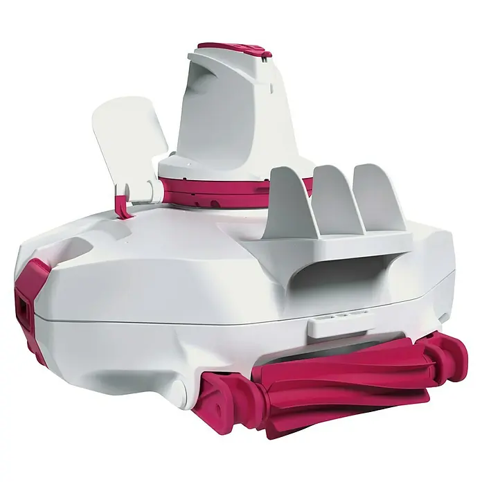 BWT Poolroboter BC 200+ - Akkubetrieben, Pools bis zu 45 m² Bodenfläche, 4,25 m³/h - Nahaufnahme eines weißen und pinkfarbenen Poolreinigungsroboters mit Bürsten zur effizienten Reinigung von Pools.