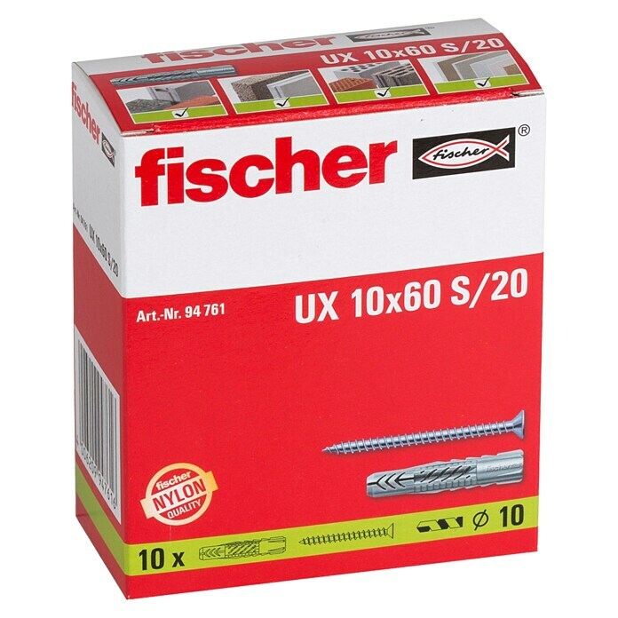 Fischer Universaldübel UX 10 x 60 S/20 (Kunststoff, 10 Stk., Mit Rand) | BAUHAUS