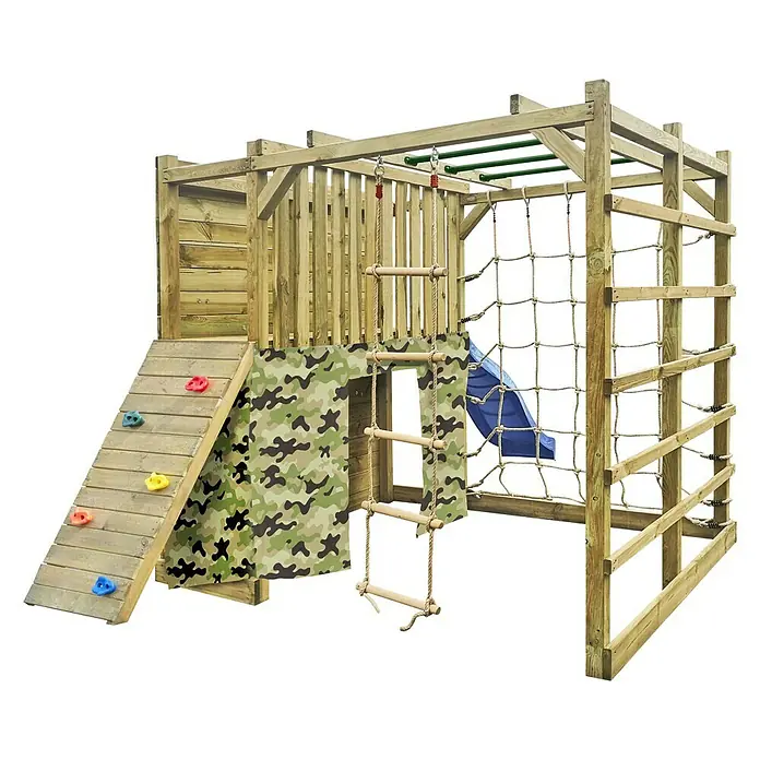 Kinderspielturm Kubisch Alfa - L x B x H: 447 x 225 x 210 cm, Natur - Holz-Klettergerüst mit Kletterwand, Strickleiter und Netz für Kinder zum Spielen und Toben im Garten.