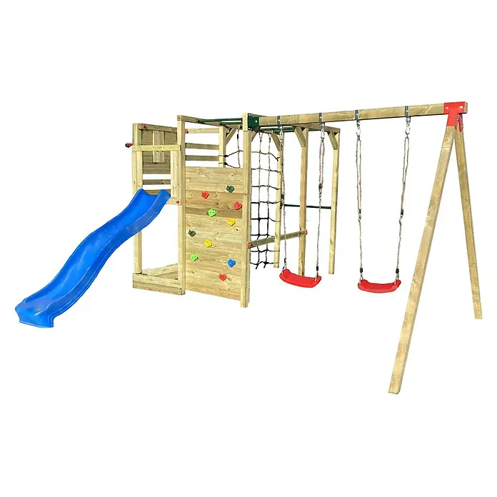 Kinderspielturm Tau - L x B x H: 425 x 409 x 215 cm, Natur, Blau, Rot - Ein farbenfroher Spielplatz mit Rutsche, Kletterwand, Schaukeln und Kletternetz lädt Kinder zum Spielen und Toben im Freien ein.