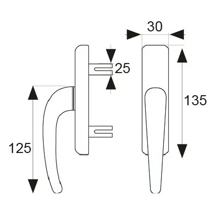 Micel Manilla para ventana AC-20 - Aluminio, Negro - Ilustración de una manilla de ventana con dimensiones de 30, 25, 135 y 125.