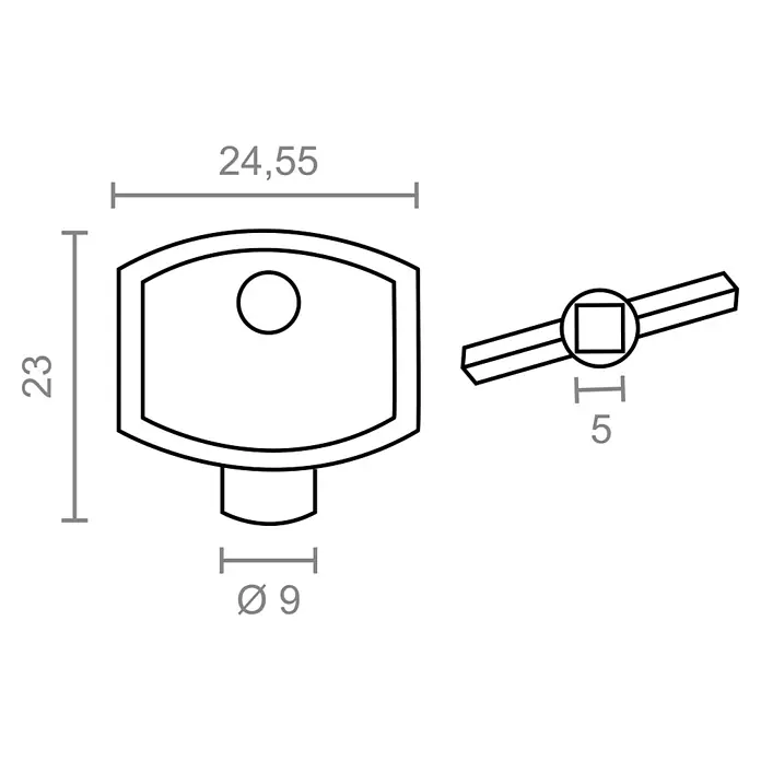 Micel Brimic Llave para purgador - Aluminio, 2 ud. - Imagen de una llave de mueble con sus dimensiones, ideal para planos técnicos y manuales de montaje.
