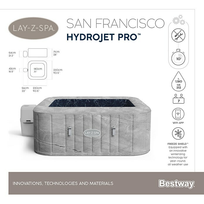 Bestway Lay-Z-Spa Mobil-Whirlpool San Francisco Hydrojet Pro (L x B x H: 230 x 230 x 71 cm, Samtgrau, 1.180 l) | BAUHAUS