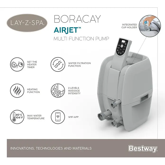 Bestway Lay-Z-Spa Mobil-Whirlpool Boracay Air Jet - Ø x H: 180 x 66 cm, Schwarz, 669 l - Das Lay-Z-Spa Boracay Airjet™ Multi-Funktionspumpe bietet Heizung, Filterung, Massageintensität und eine Wi-Fi-App für optimale Entspannung.