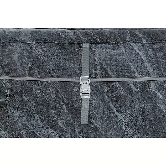 Bestway Lay-Z-Spa Mobil-Whirlpool Boracay Air Jet - Ø x H: 180 x 66 cm, Schwarz, 669 l - Nahaufnahme einer dunkelgrauen, gemusterten Stoffhülle mit hellgrauem Gurtband und Steckverschluss.