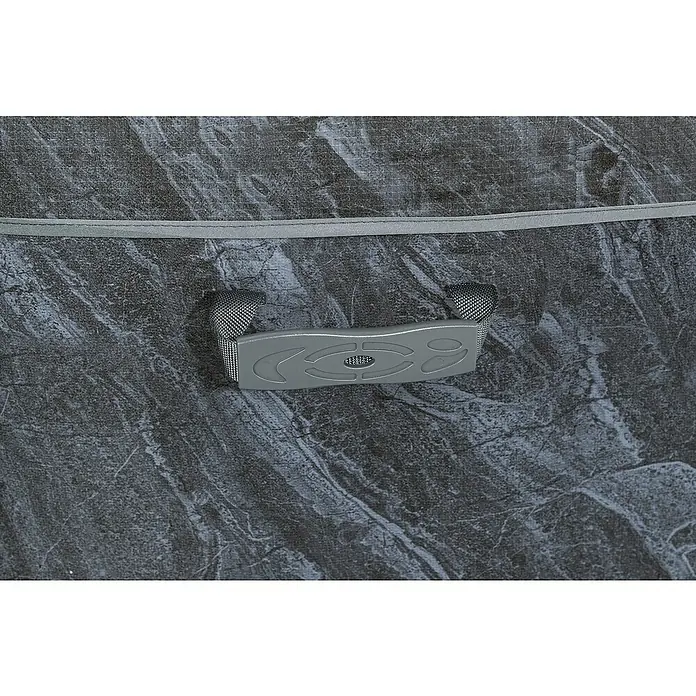 Bestway Lay-Z-Spa Mobil-Whirlpool Boracay Air Jet - Ø x H: 180 x 66 cm, Schwarz, 669 l - Nahaufnahme eines grauen Tragegriffs mit Netzstruktur an einem Gepäckstück mit Marmormuster.