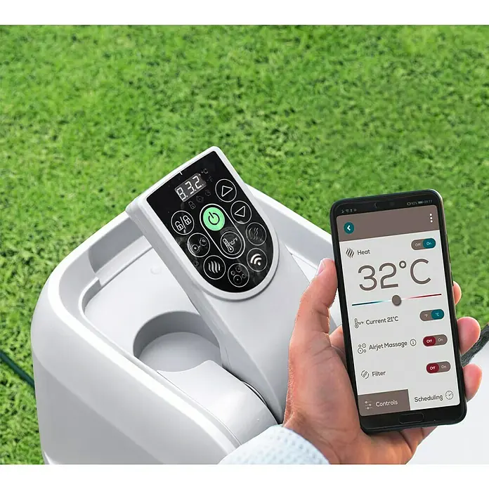 Bestway Lay-Z-Spa Mobil-Whirlpool Boracay Air Jet - Ø x H: 180 x 66 cm, Schwarz, 669 l - Nahaufnahme einer Whirlpool-Steuerung und eines Smartphones, die die Temperatureinstellungen anzeigen.