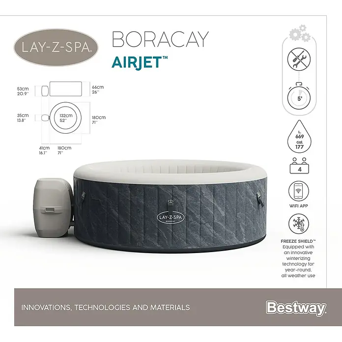 Bestway Lay-Z-Spa Mobil-Whirlpool Boracay Air Jet - Ø x H: 180 x 66 cm, Schwarz, 669 l - Abbildung eines Lay-Z-Spa Boracay Airjet Whirlpools mit den Maßen und technischen Details.