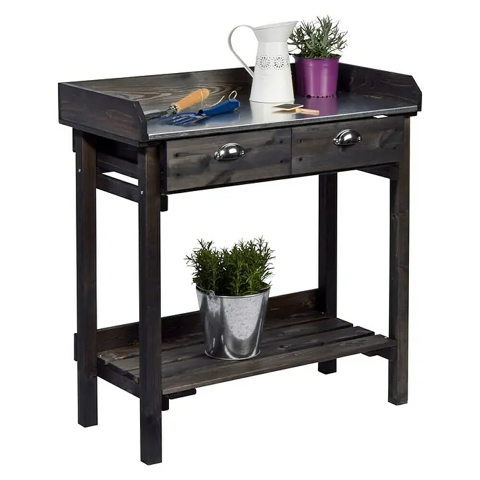 Dobar Pflanztisch - 79 x 39 x 90 cm - Der dunkle Pflanztisch mit Schubladen bietet viel Stauraum. Dekorative Elemente verschönern den Tisch und sorgen für eine angenehme Atmosphäre.