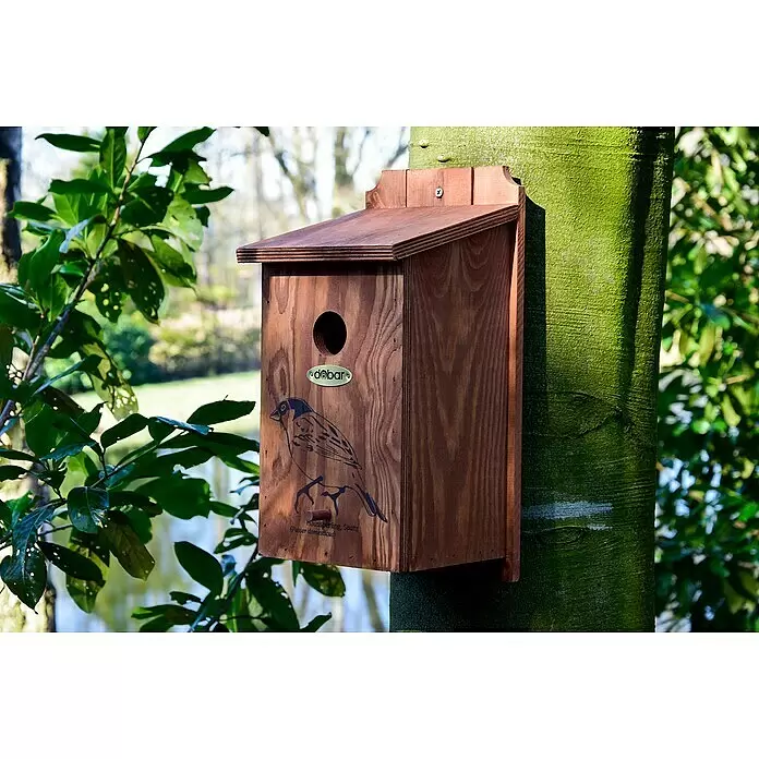 Dobar Nistkasten - L x B x H: 30 x 18 x 22,5 cm, Braun, Holz - Dunkelbraunes Holz-Vogelhaus mit rundem Eingangsloch und Vogelillustration, an einem grünen Baumstamm montiert.