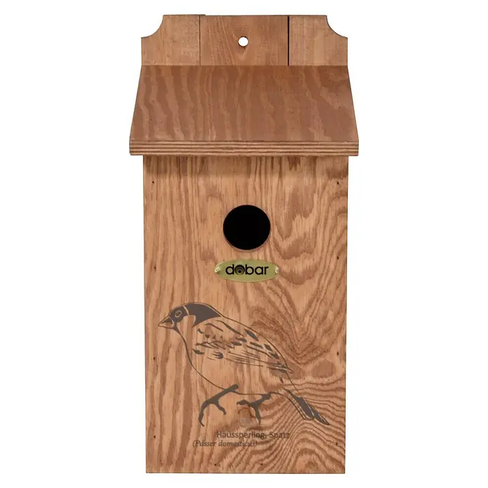 Dobar Nistkasten - L x B x H: 30 x 18 x 22,5 cm, Braun, Holz - Holz-Vogelhaus von Dobar mit Spatz-Silhouette und rundem Einflugloch, ideal für den Garten. Ein charmantes Zuhause für gefiederte Freunde.