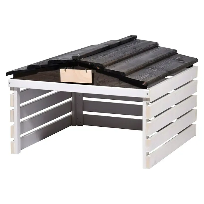 Dobar Mähroboter-Garage - L x B x H: 78,5 x 74 x 52,5 cm, Weiß/Schwarz - Nahaufnahme eines Kompostbehälters mit einem schrägen Dach und weiß gestrichenen Lattenseiten für den Garten oder die Terrasse.