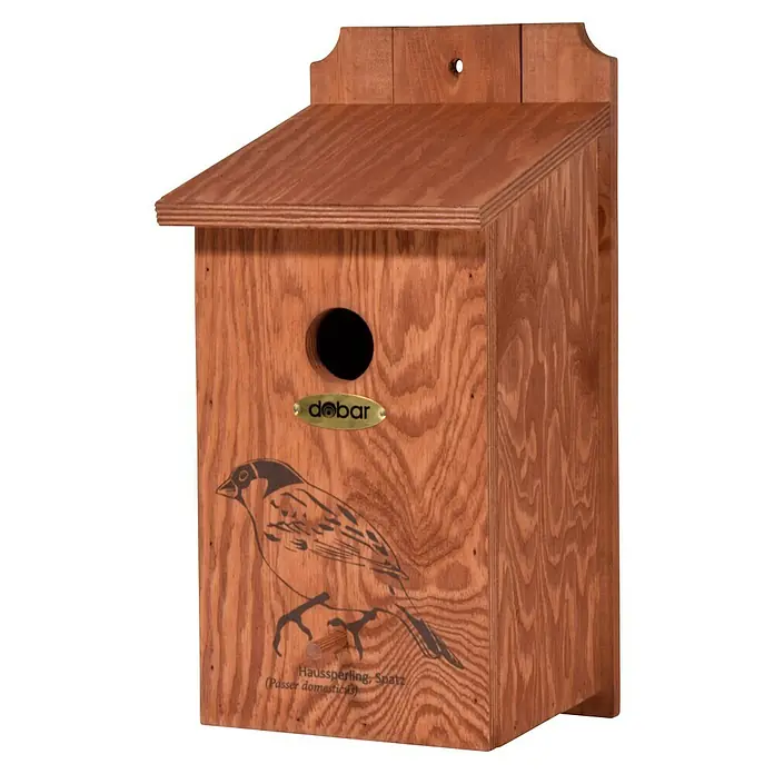 Dobar Nistkasten - L x B x H: 30 x 18 x 22,5 cm, Braun, Holz - Das Holz-Vogelhaus "Haussperling" von Dobar bietet einen sicheren Nistplatz für Spatzen, erkennbar am Vogel-Motiv und der Plakette.