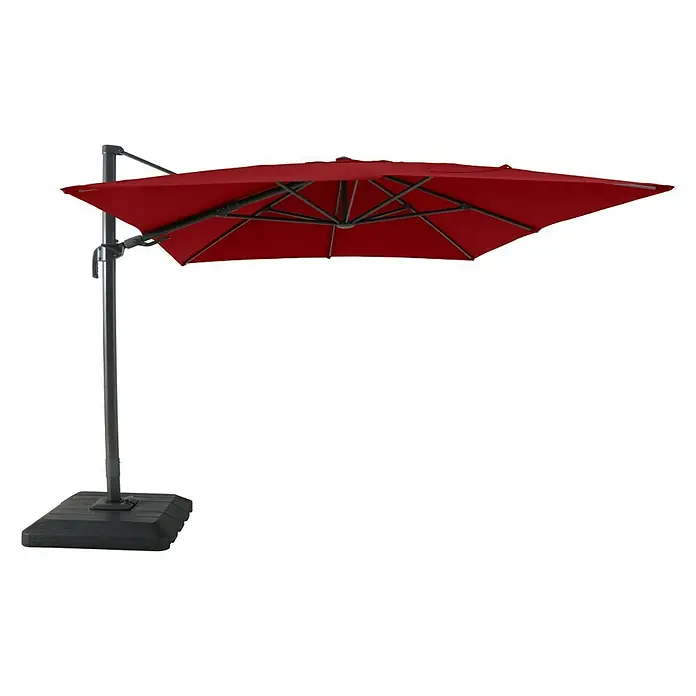 Sunfun Ampelschirm Capri - Rot, Bespannungsmaß (L x B): 300 x 350 cm - Dieser rote, quadratische Sonnenschirm bietet mit seinem robusten Standfuß und dem seitlichen Mast optimalen Sonnenschutz im Garten.