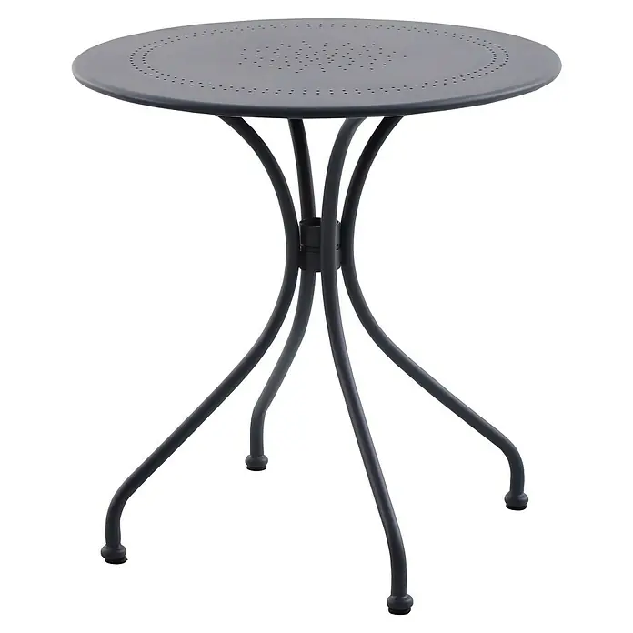 Sunfun Balkonmöbel-Set Melissa - 3 -tlg., Stahl, Anthrazit - Abgebildeter runder Gartentisch mit durchbrochener Tischplatte und filigranem Metallgestell in dunkler Farbe.