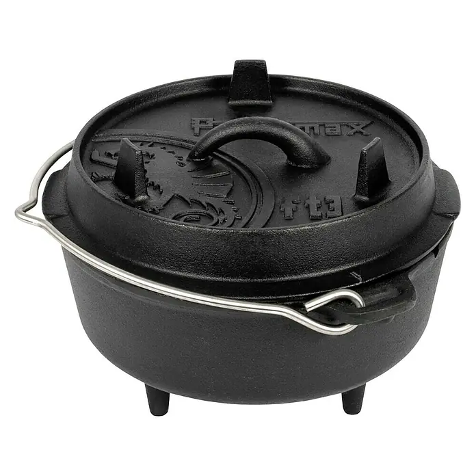 Petromax Dutch Oven - Ø x H: 25,2 x 16 cm, Gusseisen, 1,6 l, Mit Füßen - Ein schwarzer Petromax Dutch Oven aus Gusseisen mit Deckel und silberfarbenem Henkel. Ideal zum Kochen im Freien über offenem Feuer.