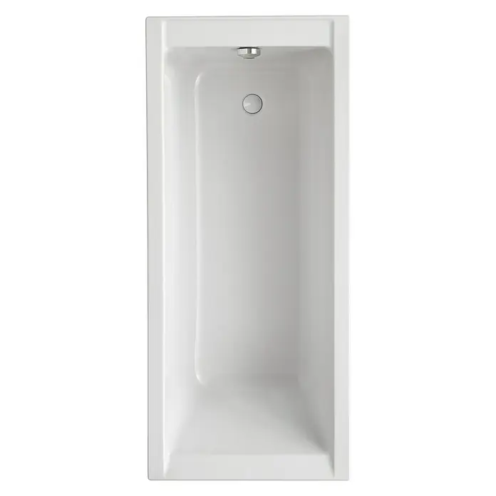 Ottofond Badewanne Filo - 140 x 70 cm, Sanitäracryl, Weiß - Ein hochformatiges Bild einer weißen Badewanne mit silberfarbenem Abfluss, ideal für moderne Badezimmerdesigns.