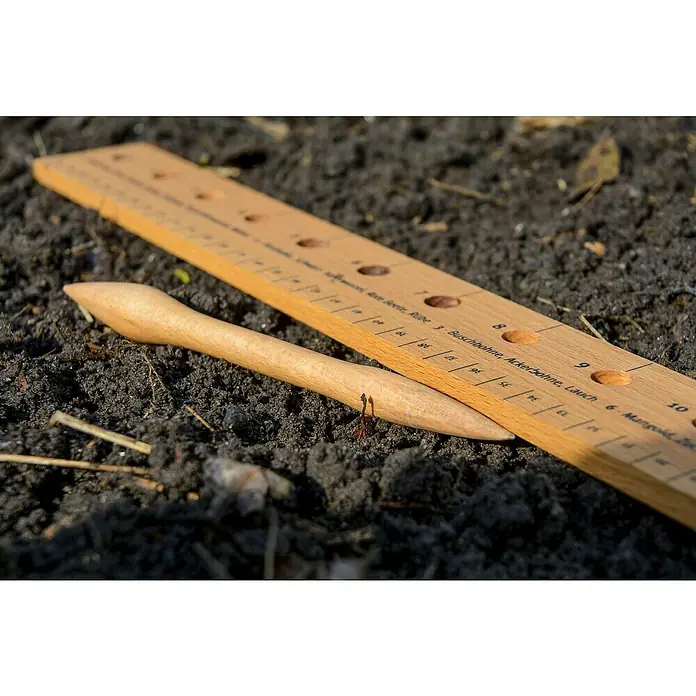 Dobar Starter-Set Anzucht - 1x Pflanzlineal, 1x Pikierstab, 5x Pflanzschild, 3x Samenmischung (Tomaten, Kopfsalat, Radieschen), Beiblatt - Holz-Pflanzholz und Abstandshalter für den Garten, ideal zum Pflanzen von Gemüse und Blumen mit präzisen Abständen.