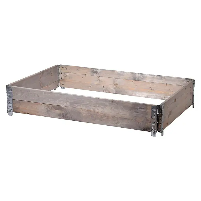 Dobar Hochbeetumrandung Palettenrahmen - L x B x H: 120 x 80 x 20 cm, Holz, Grau - Ein rechteckiger, erhöhter Gartenkasten aus vergrautem Holz mit stabilen Metallecken für den Außenbereich, ideal für Gemüse, Kräuter oder Blumen.