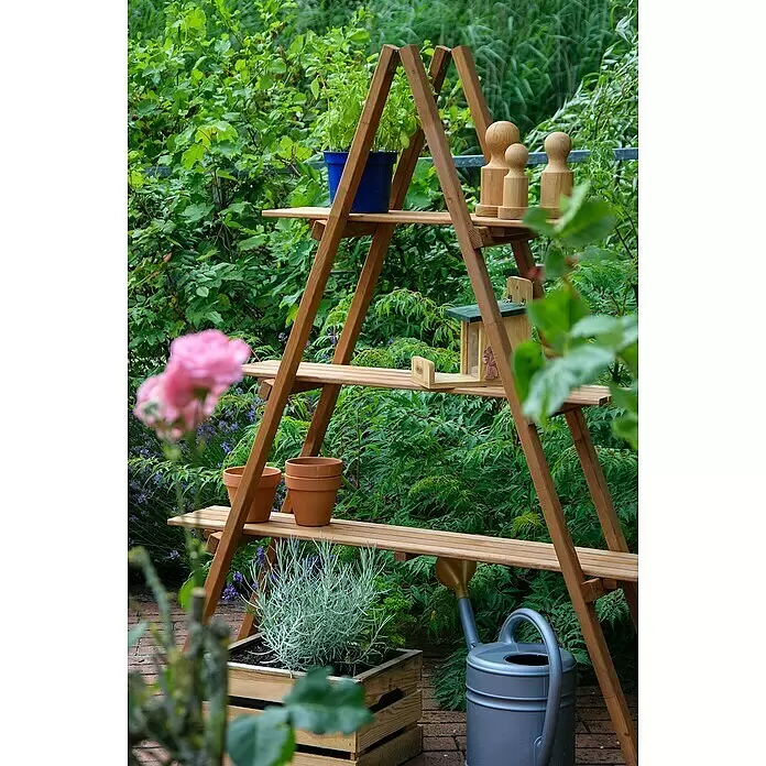 Dobar Dekoleiter - L x B x H: 120 x 28 x 150 cm - Hölzernes Pflanzenregal im Leiterstil für Gärten, zur Präsentation von Töpfen, Pflanzen und Zubehör.
