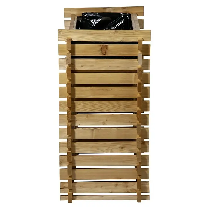 Dobar Hochbeet Stecksystem Larix - L x B x H: 79 x 39 x 79 cm, Holz, Natur - Detailansicht eines vertikalen Hochbeets aus hellem Holz, das mit einer schwarzen Folie ausgekleidet ist.