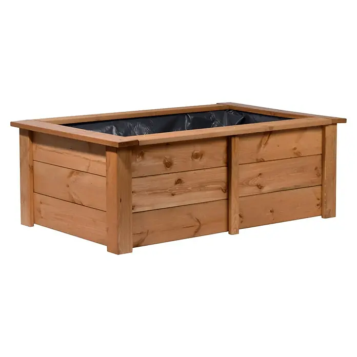 Dobar Hochteich Kubus - L x B x H: 120 x 72 x 42 cm, Braun, 200 l, Holz - Ein rechteckiger, hölzerner Pflanzkasten mit schwarzem Innenfutter. Ideal für den Garten, um Blumen, Kräuter oder Gemüse anzupflanzen und zu präsentieren.