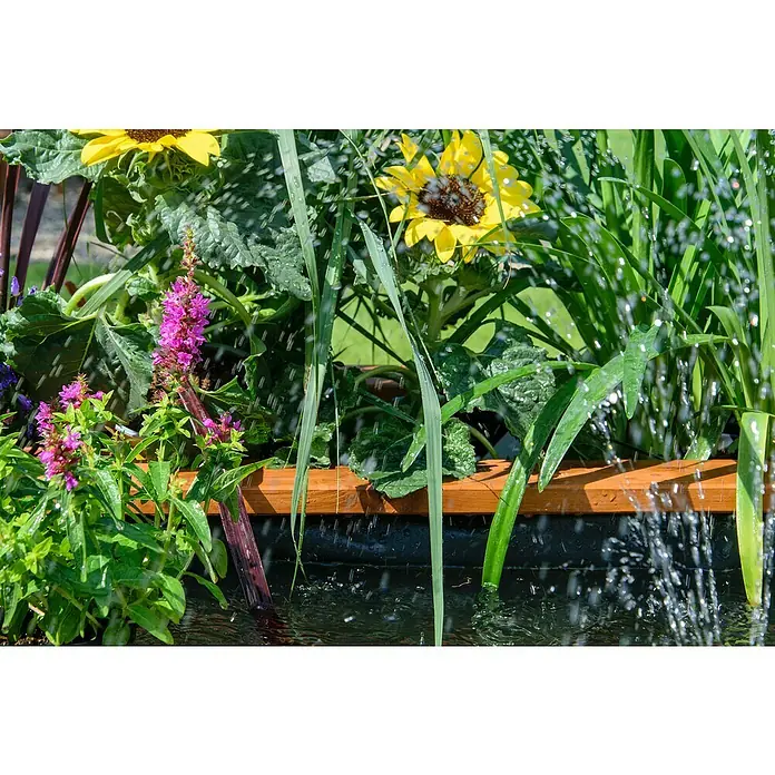 Dobar Hochteich Maxime - L x B x H: 150 x 120 x 40 cm, Braun, 330 l, Holz - Das Foto zeigt einen Blumengarten mit Sonnenblumen und anderen Blumen, die von einem Bewässerungssystem sanft besprüht werden.