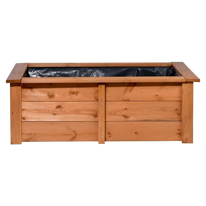 Dobar Hochteich Kubus - L x B x H: 120 x 72 x 42 cm, Braun, 200 l, Holz - Nahaufnahme einer rechteckigen, hölzernen Pflanzkiste mit schwarzem Einsatz, ideal für Garten und Terrasse. Die Holzmaserung ist deutlich sichtbar.