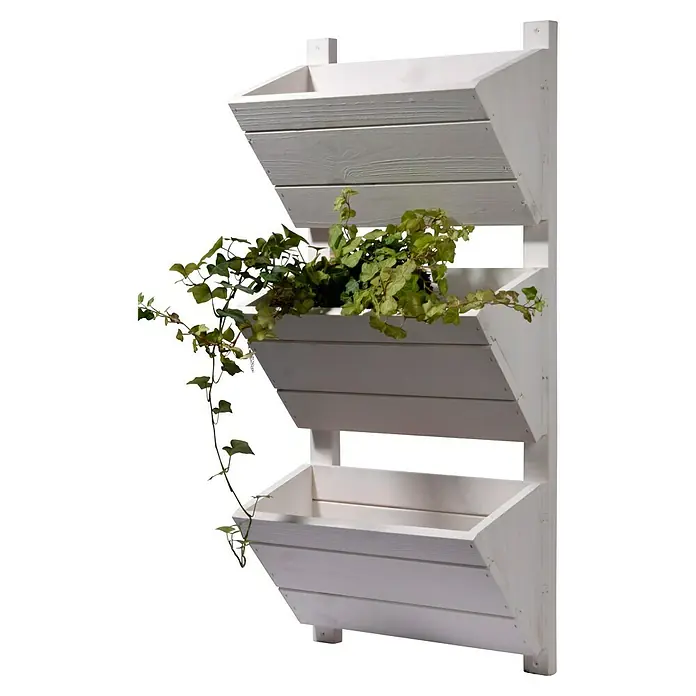 Dobar Hochbeet - L x B x H: 38 x 17,5 x 79 cm, Holz, Weiß - Ein vertikaler, weiß gestrichener Pflanzkasten mit drei Ebenen, wobei in einer Ebene Pflanzen zu sehen sind.