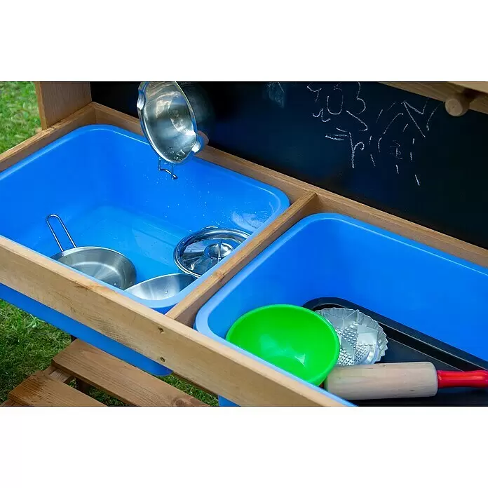 Dobar Matschküche - 89 x 34 x 88 cm, Holz, Braun, Blau - Holzküche mit blauen Wannen, Wasser und Spielküchenutensilien wie Töpfen, Pfannen und Nudelholz.