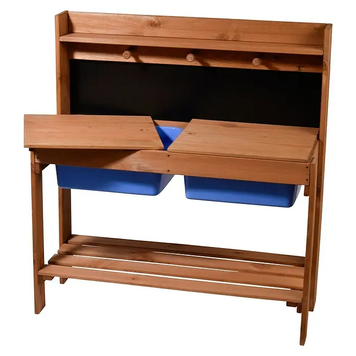 Dobar Matschküche - 89 x 34 x 88 cm, Holz, Braun, Blau - Holzpflanztisch mit blauen Behältern und Ablagefläche für den Garten oder die Terrasse. Praktisch und robust für Hobbygärtner.