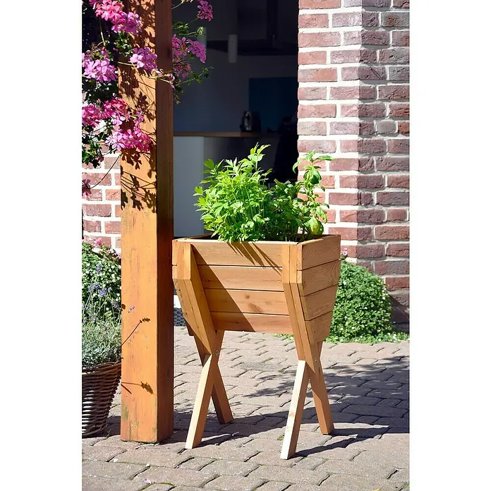 Dobar Hochbeet - L x B x H: 39 x 40 x 61 cm, Holz, Braun - Der rustikale Pflanzkasten aus Holz mit frischen Kräutern, eine stilvolle Ergänzung für jeden Garten, besticht durch sein schlichtes Design.