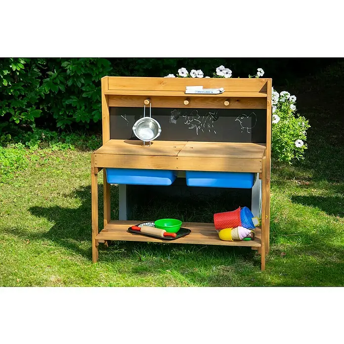 Dobar Matschküche - 89 x 34 x 88 cm, Holz, Braun, Blau - Ein hölzerner Matschküche mit Tafel, Waschbecken und Fächern, ideal für kreatives Spielen im Freien. Zubehör inklusive.