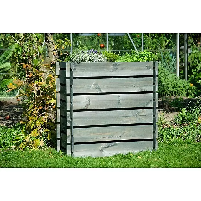Dobar Hochbeet Stecksystem - L x B x H: 79 x 37 x 79 cm, Holz, Anthrazit - Graue hölzerne Lattenpflanzkiste mit Blumen und Kräutern in einem Garten.