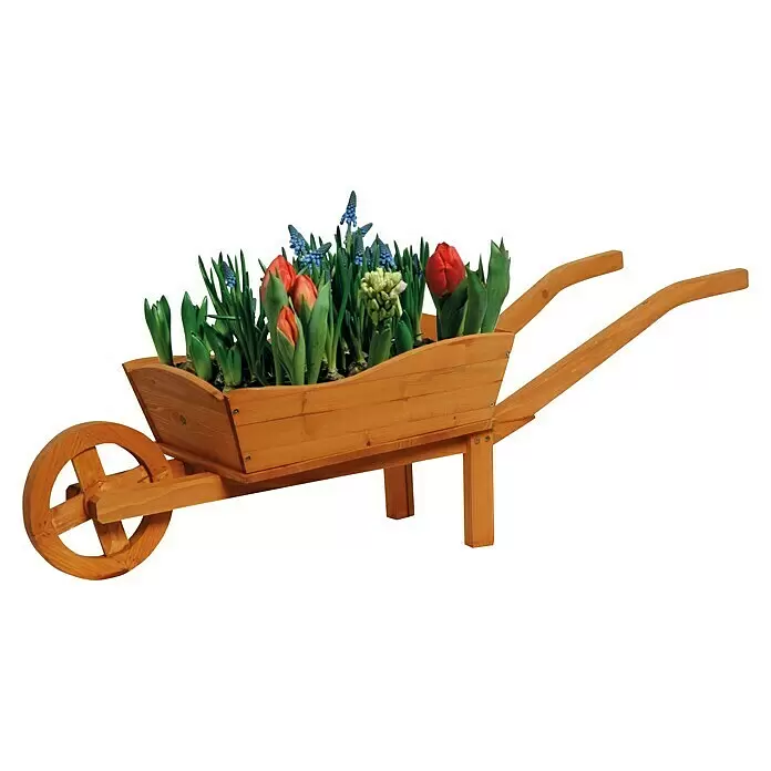 Dobar Pflanzkasten Pflanzkarre - L x B x H: 107 x 29 x 30 cm - Hölzerne Schubkarre als Pflanzgefäß mit roten Tulpen, blauen Traubenhyazinthen und weißen Blüten.