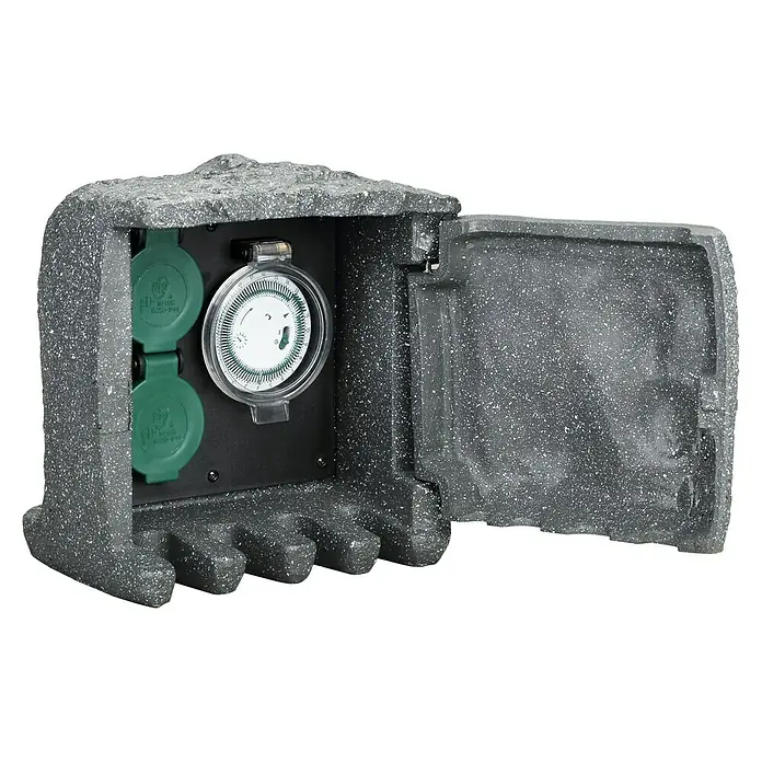 Voltomat Baustromverteiler mit Zeitschaltuhr Power Rock - Anzahl Steckdosen Schuko: 2 Stk., IP44 - Schutzgehäuse in Steinoptik mit zwei Steckdosen und einer Zeitschaltuhr für den Außenbereich.