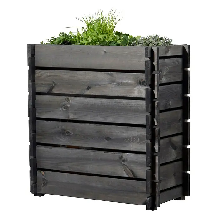 Dobar Hochbeet Stecksystem - L x B x H: 79 x 37 x 79 cm, Holz, Anthrazit - Ein grauer, hölzerner Pflanzkasten mit grünen Pflanzen. Der Pflanzkasten ist aus Holzplanken gefertigt und steht im Garten.