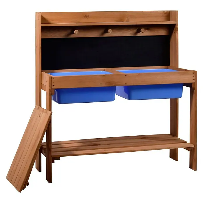 Dobar Matschküche - 89 x 34 x 88 cm, Holz, Braun, Blau - Das hölzerne Kinderspielhaus mit zwei blauen Wannen und einer Tafel bietet kreativen Spielspaß im Freien.