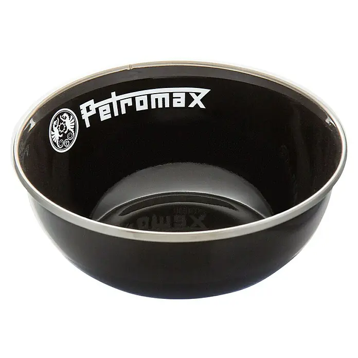 Petromax Schale - Schwarz, 500 ml, Emailliert, 2 Stk. - Nahaufnahme einer Petromax Emaille Schüssel in Schwarz mit silbernem Rand und dem Petromax Logo. Ideal für Outdoor-Abenteuer und Camping.