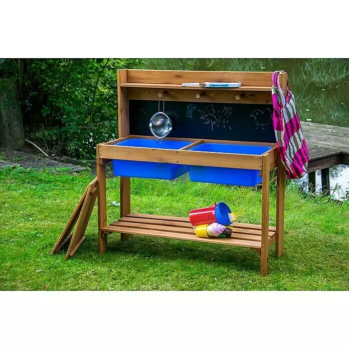 Dobar Matschküche - 89 x 34 x 88 cm, Holz, Braun, Blau - Hölzerne Matschküche mit blauen Wannen, Kreidetafel und Spielzubehör. Ideal für fantasievolles Spiel im Freien.
