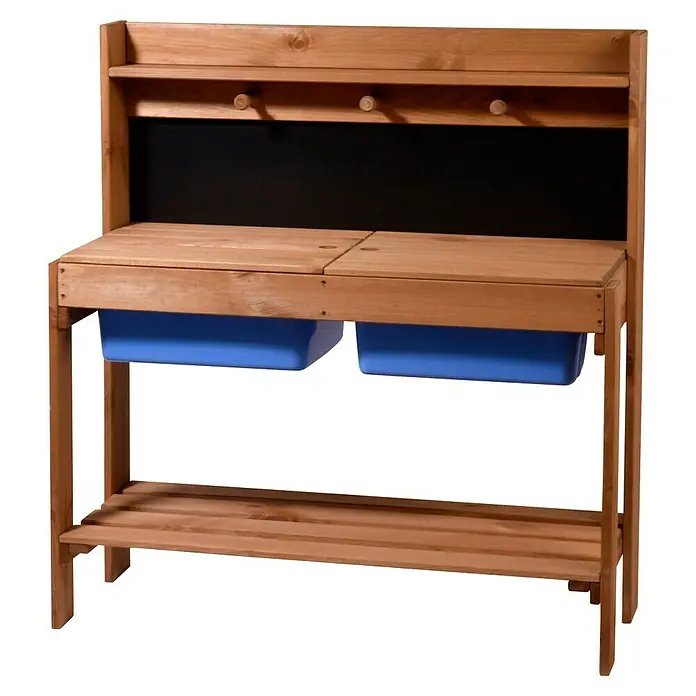 Dobar Matschküche - 89 x 34 x 88 cm, Holz, Braun, Blau - Eine hölzerne Werkbank mit zwei blauen Behältern darunter, ideal für Gartenarbeiten und Bastelprojekte.