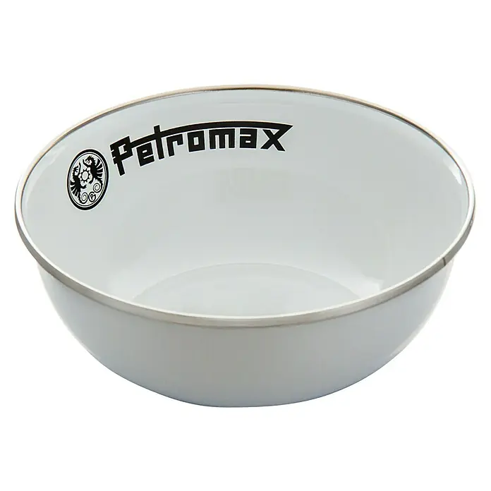 Petromax Schale - Weiß, 500 ml, Emailliert, 2 Stk. - Petromax Emaille Schüssel in Weiß mit silberfarbenem Rand und schwarzem Petromax-Logo, ideal für Camping und Outdoor-Aktivitäten.
