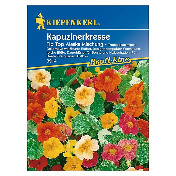 Kiepenkerl Profi-Line Kräutersamen Kapuzinerkresse Alaska Mischung - Tropaeolum majus, Saatzeit: April - Samenpackung Kapuzinerkresse 'Tip Top Alaska Mischung' von Kiepenkerl mit farbenprächtigen Blüten und dekorativen Blättern.