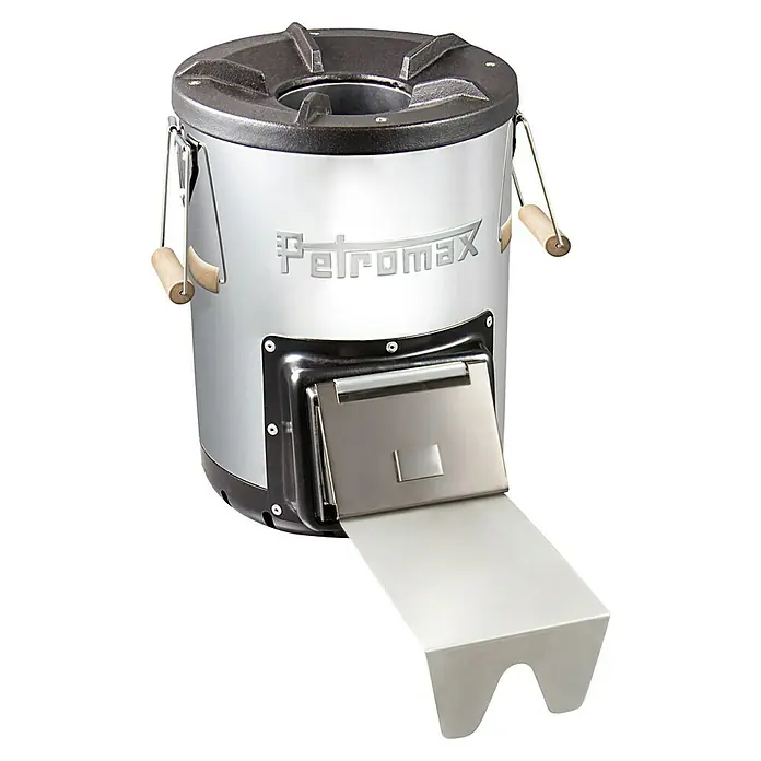 Petromax Holzkohlegrill Raketenofen - Grillfläche (B x T): 27,5 x 47,5 cm, Silber - Abbildung eines Petromax Holzvergasers aus Edelstahl. Der Ofen verfügt über eine Brennkammer und eine praktische Zuführung für Brennmaterial.