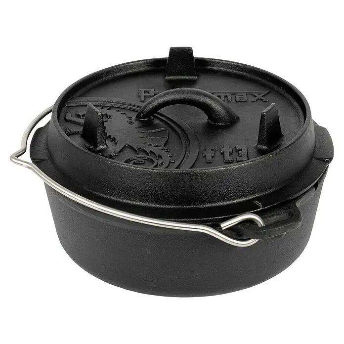 Petromax Dutch Oven - Ø x H: 25,2 x 12 cm, Gusseisen, 1,6 l, Planer Boden - Schwarzer Petromax Feuertopf aus Gusseisen mit Deckel und Henkel für Outdoor-Küche und Lagerfeuer-Kochen.