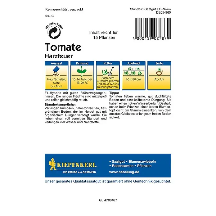 Kiepenkerl Profi-Line Gemüsesamen Tomate Harzfeuer - Lycopersicon esculentum, Erntezeit: Juli - Samentüte Tomate Harzfeuer von Kiepenkerl, geeignet für 15 Pflanzen, mit Aussaat-, Keim-, Kultur-, Abstand- und Erntehinweisen.
