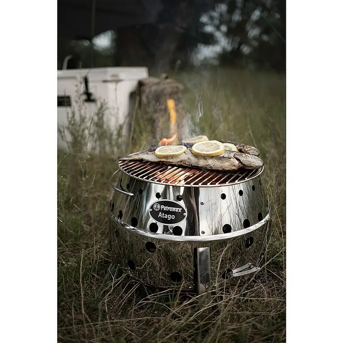 Petromax Holzkohlegrill Atago - Grillfläche (B x T): 45,1 x 44,5 cm, Durchmesser Grillfläche: 34 cm, Silber - Gegrillter Fisch mit Zitronenscheiben auf einem Petromax Atago Grill im Freien.