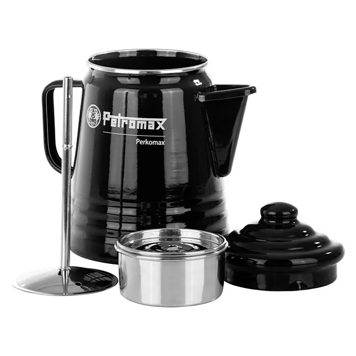 Petromax Perkolator Perkomax - Schwarz, 1,3 l - Ein Petromax Perkomax Kaffeebereiter in Schwarz, bestehend aus Kanne, Einsatz, Deckel und Stange, ideal für die Zubereitung von Kaffee im Freien.