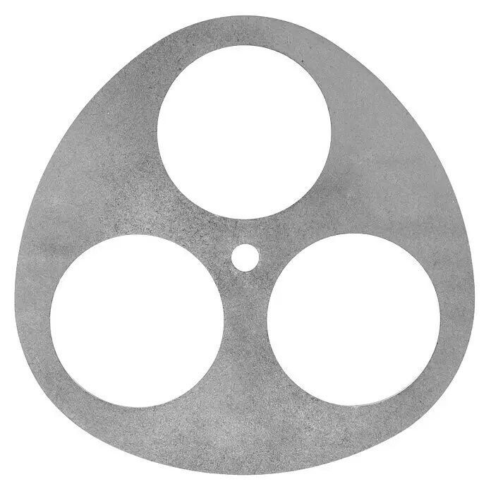 Petromax Dreibein-Ring - Durchmesser: 14,7 cm, Edelstahl - Unregelmäßig geformte graue Platte mit drei großen und einer kleinen zentralen kreisförmigen Aussparung.