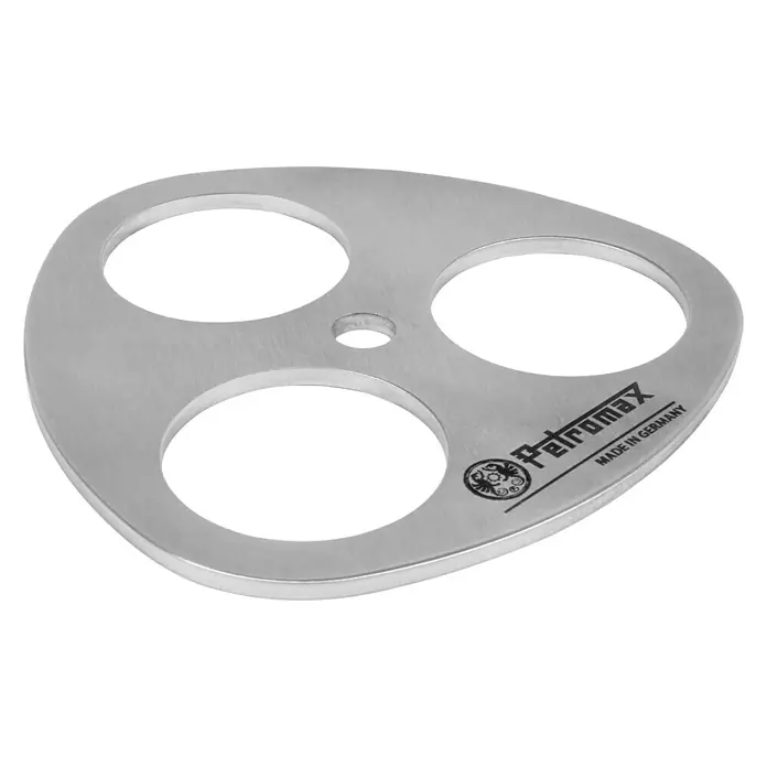 Petromax Dreibein-Ring - Durchmesser: 10,5 cm, Edelstahl - Petromax Eierring, ein Küchenhelfer zum Zubereiten von Spiegeleiern oder Pfannkuchen mit drei runden Aussparungen und einer mittigen Bohrung.